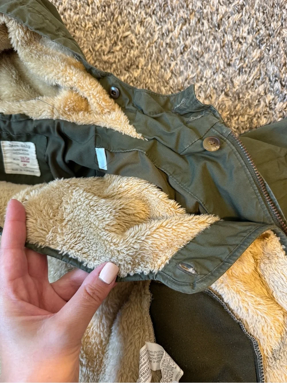 Zara Boy Green Fleece Lined Insert Utility Parka Jacket Coat Size 12-18 months